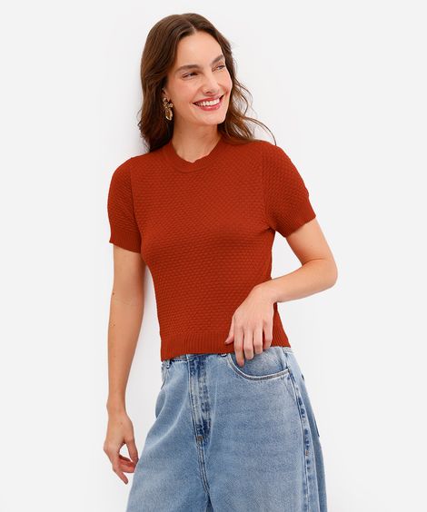blusa feminina de tricot manga curta texturizada laranja