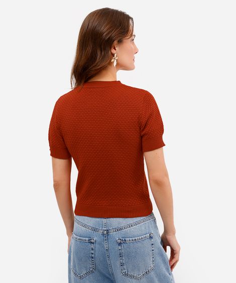 blusa feminina de tricot manga curta texturizada laranja