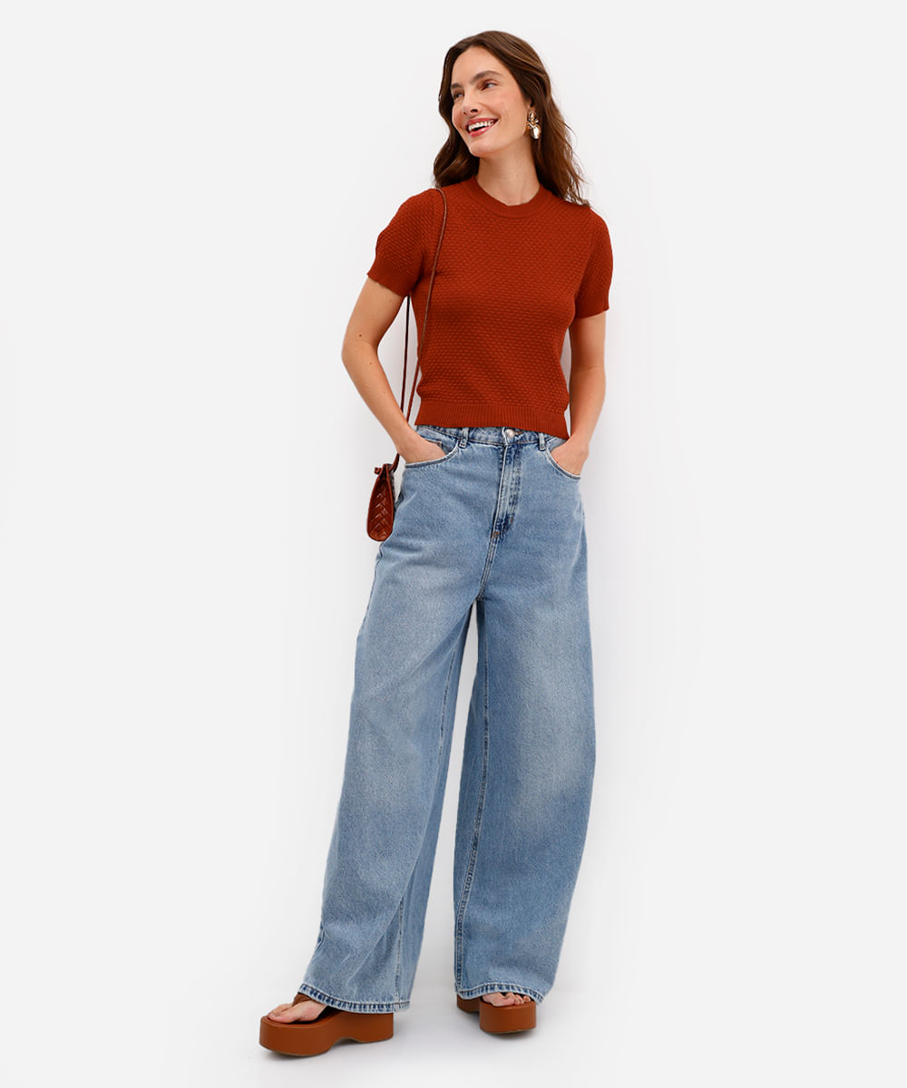 blusa feminina de tricot manga curta texturizada laranja