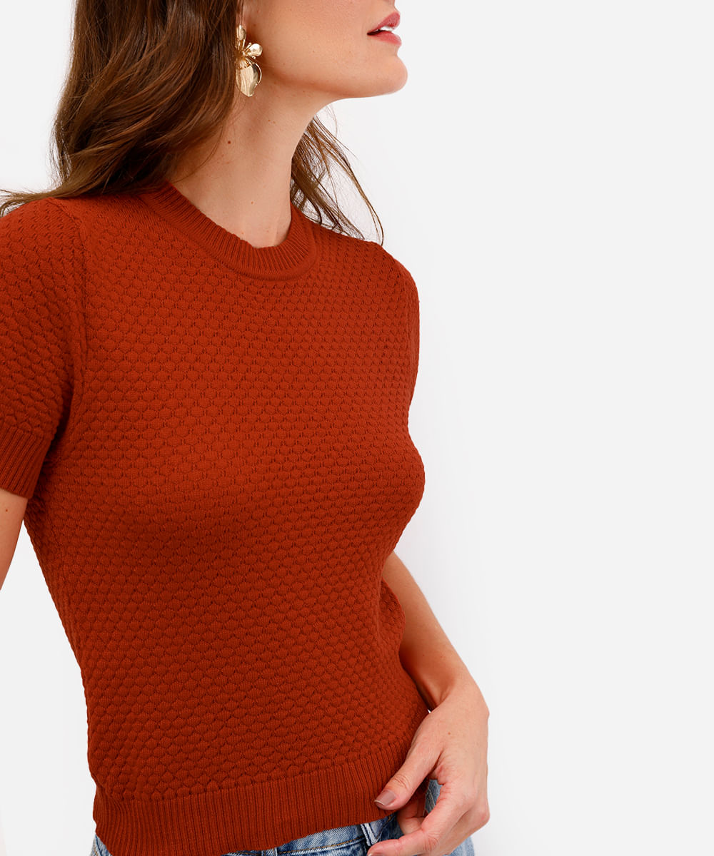 blusa feminina de tricot manga curta texturizada laranja