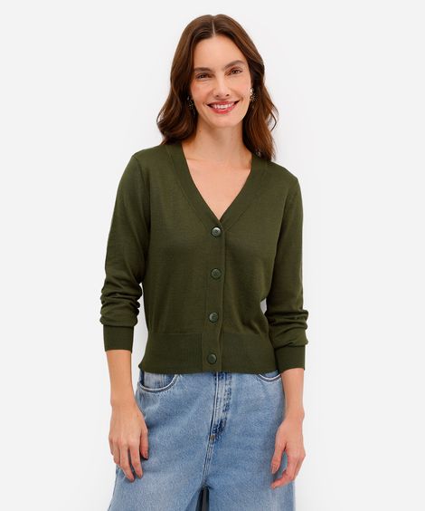 cardigan feminino de tricot cropped manga longa verde