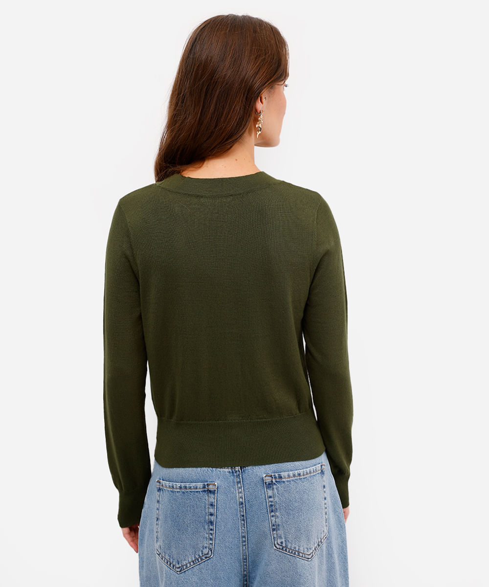 cardigan feminino de tricot cropped manga longa verde