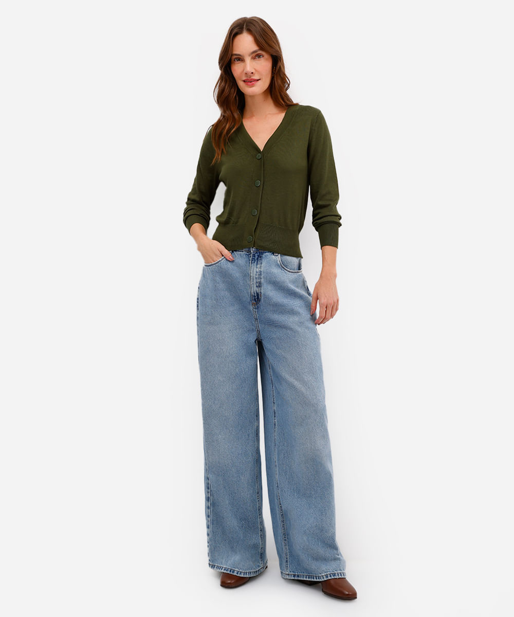 cardigan feminino de tricot cropped manga longa verde