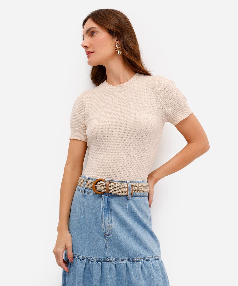 blusa feminina de tricot manga curta texturizada bege