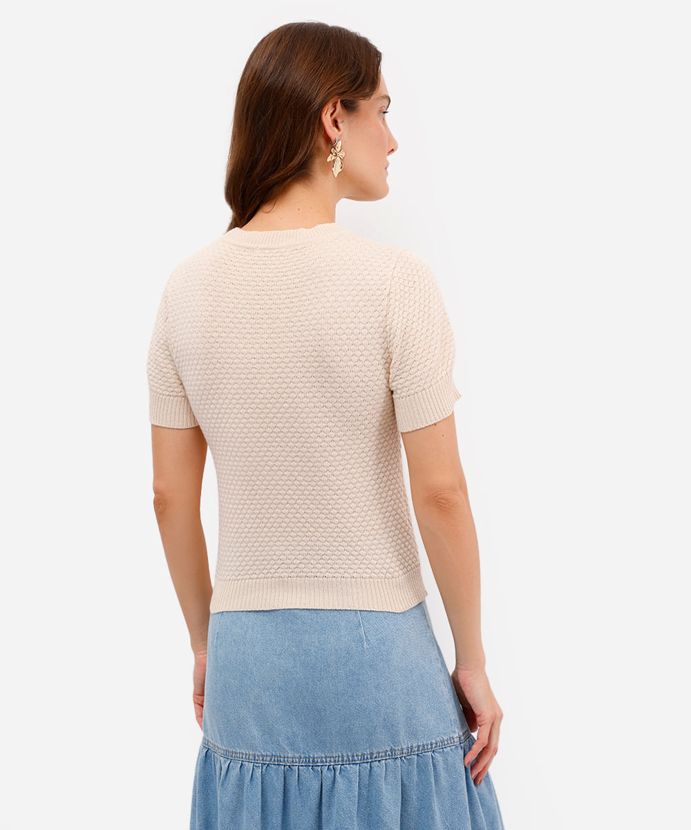 blusa feminina de tricot manga curta texturizada bege