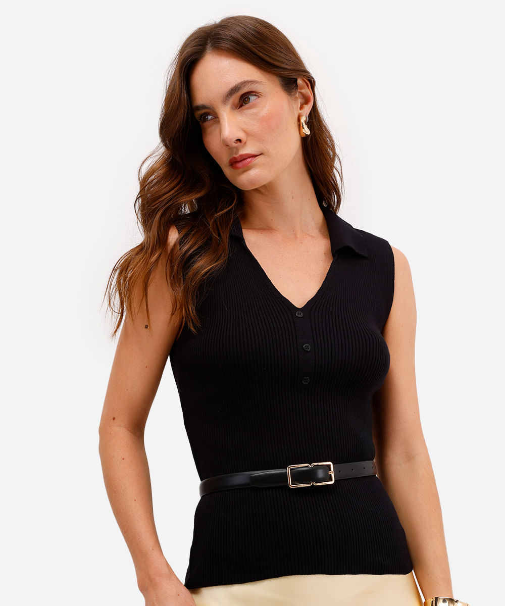 polo feminina de tricot decote v canelada preta