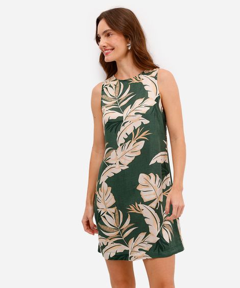 vestido curto feminino de viscose folhagens verde