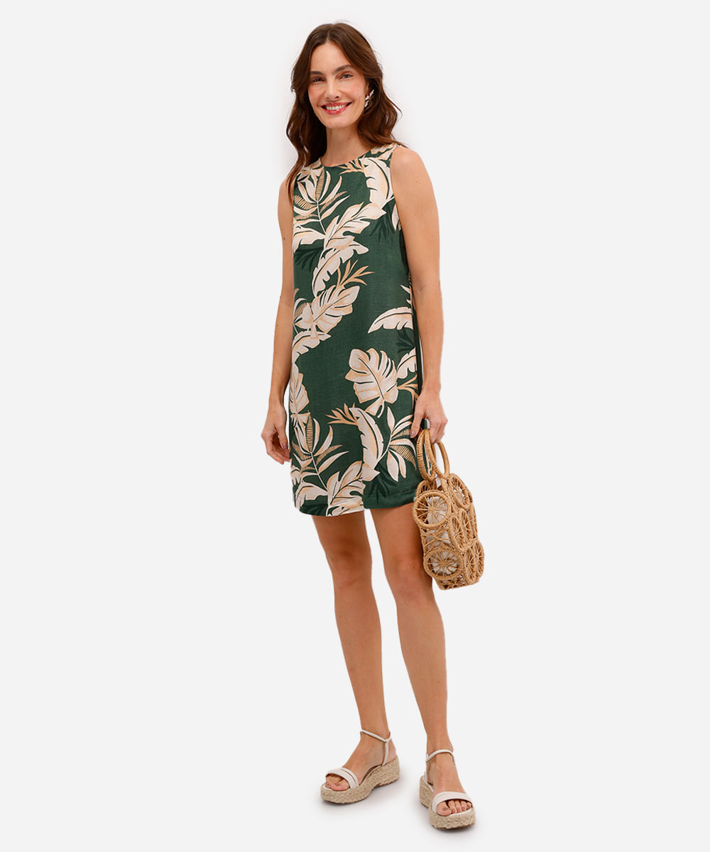 vestido curto feminino de viscose folhagens verde