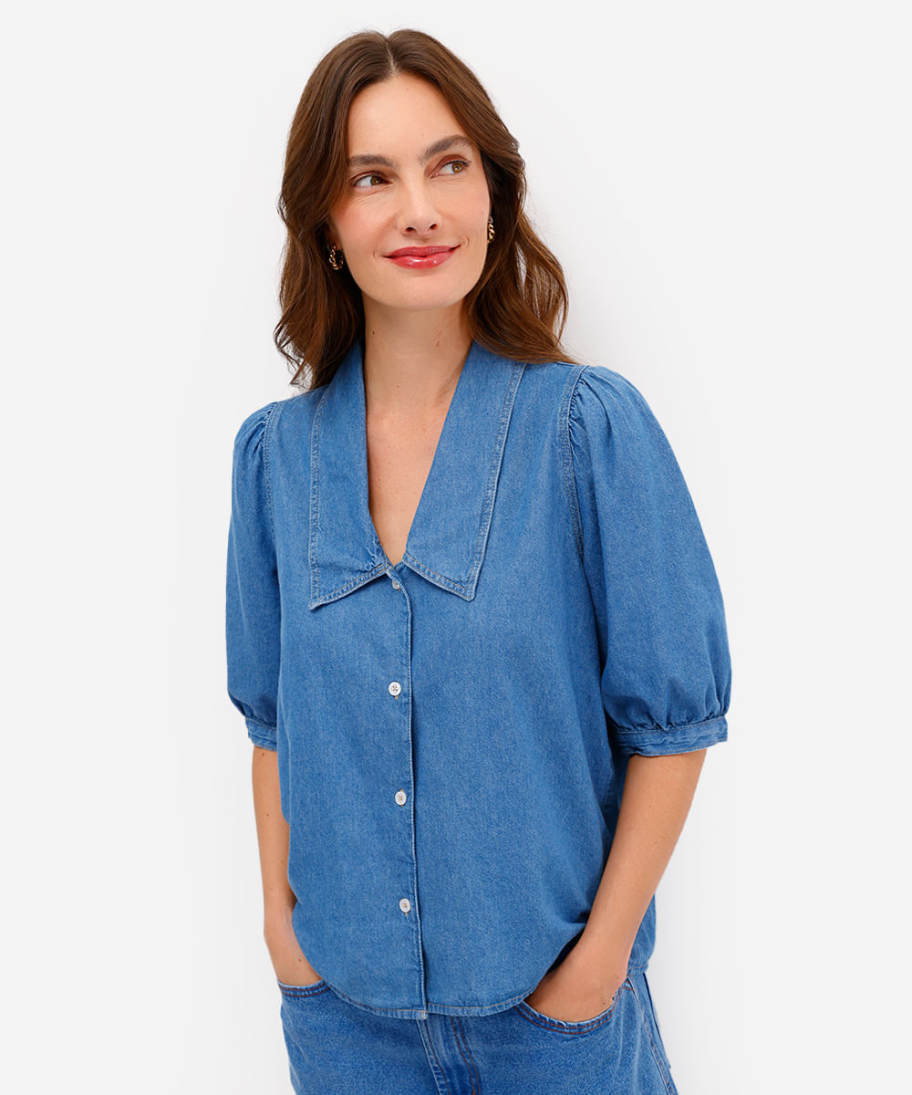 camisa feminina jeans manga bufante azul