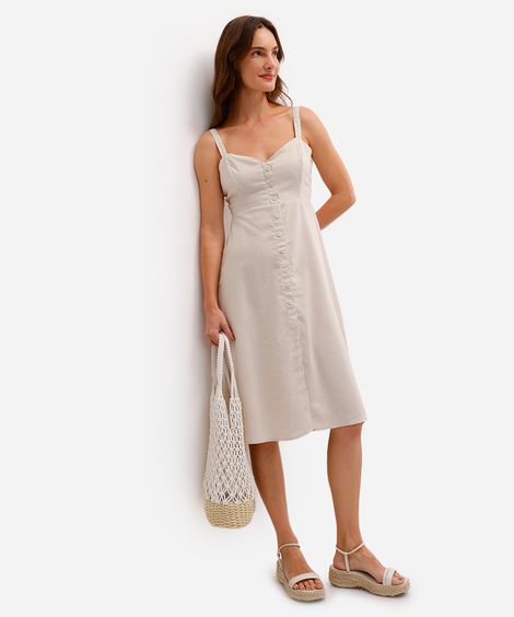vestido midi feminino evasê com fenda e linho bege