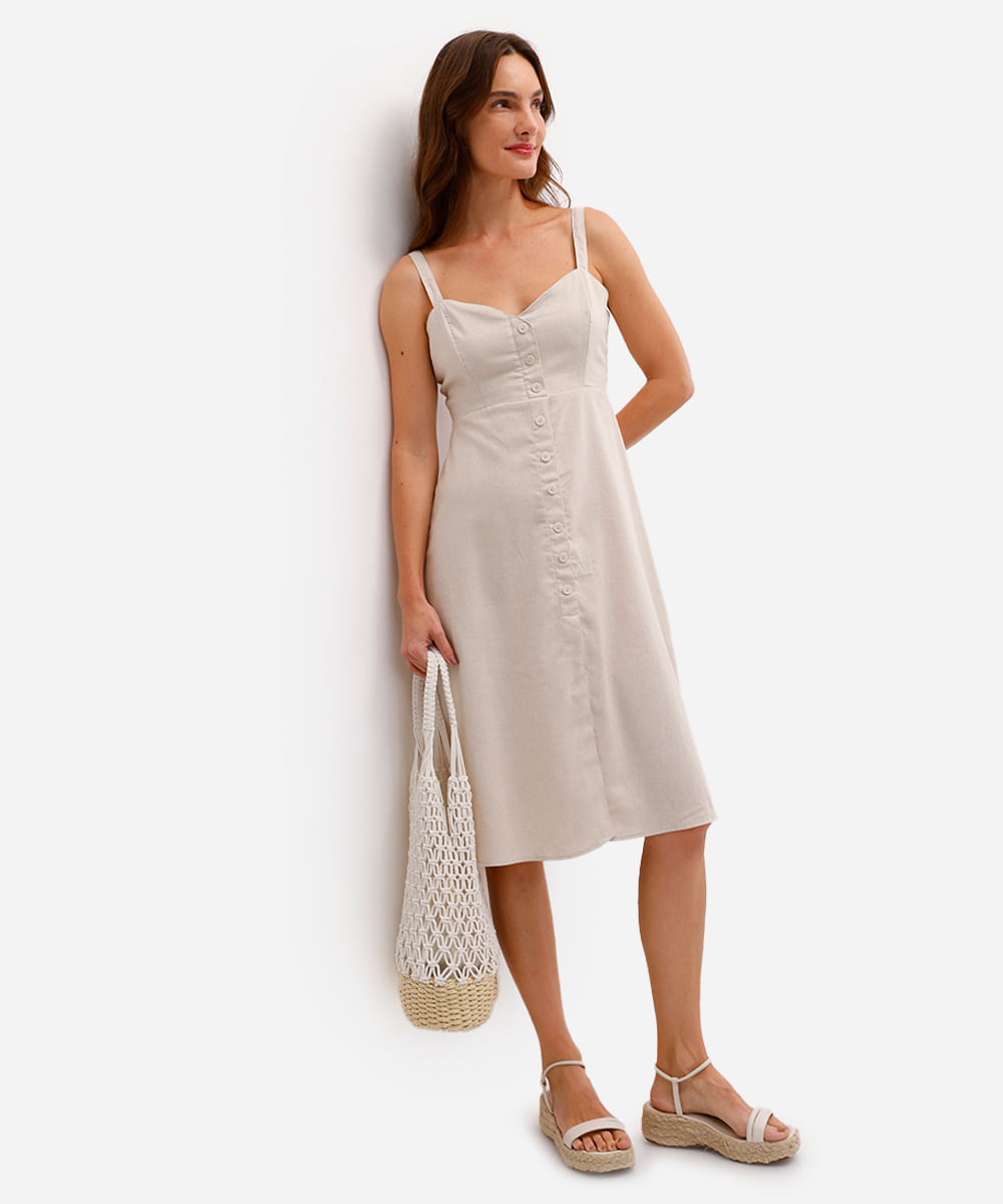 vestido midi feminino evasê com fenda e linho bege