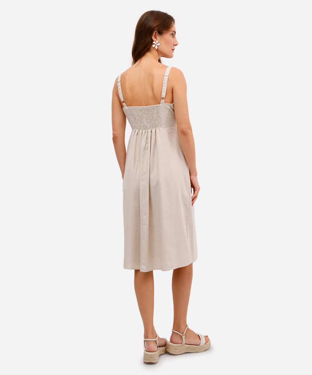 vestido midi feminino evasê com fenda e linho bege