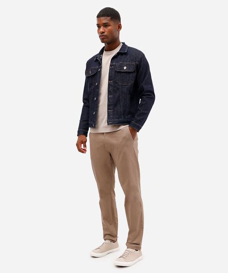 calça slim de sarja cós com elástico bege