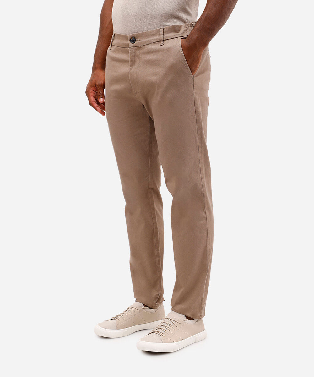calça slim de sarja cós com elástico bege