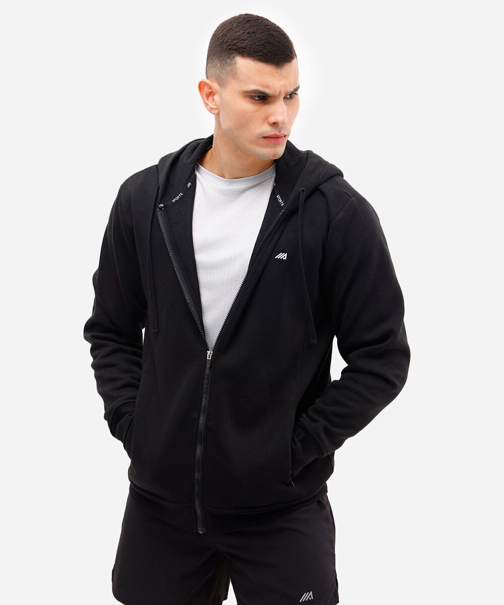 jaqueta de moletom com capuz esportiva cinza mescla - preto