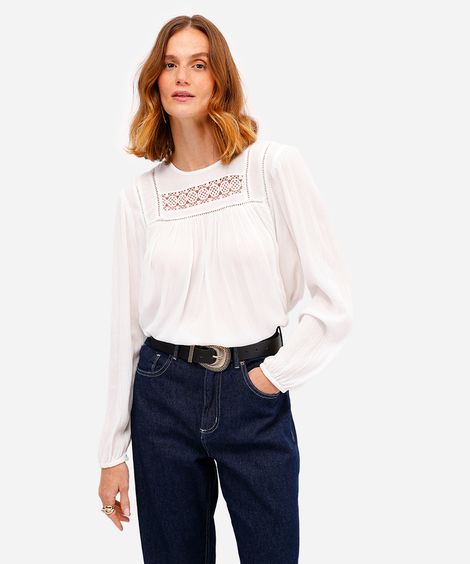 bata feminina de viscose com renda off white