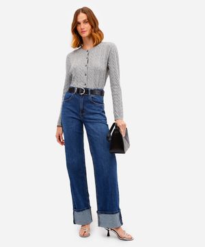 calça wide leg feminina jeans barra dobrada azul