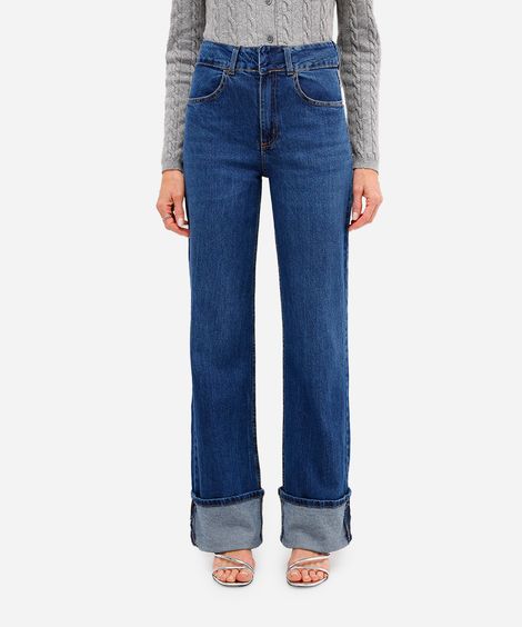 calça wide leg feminina jeans barra dobrada azul