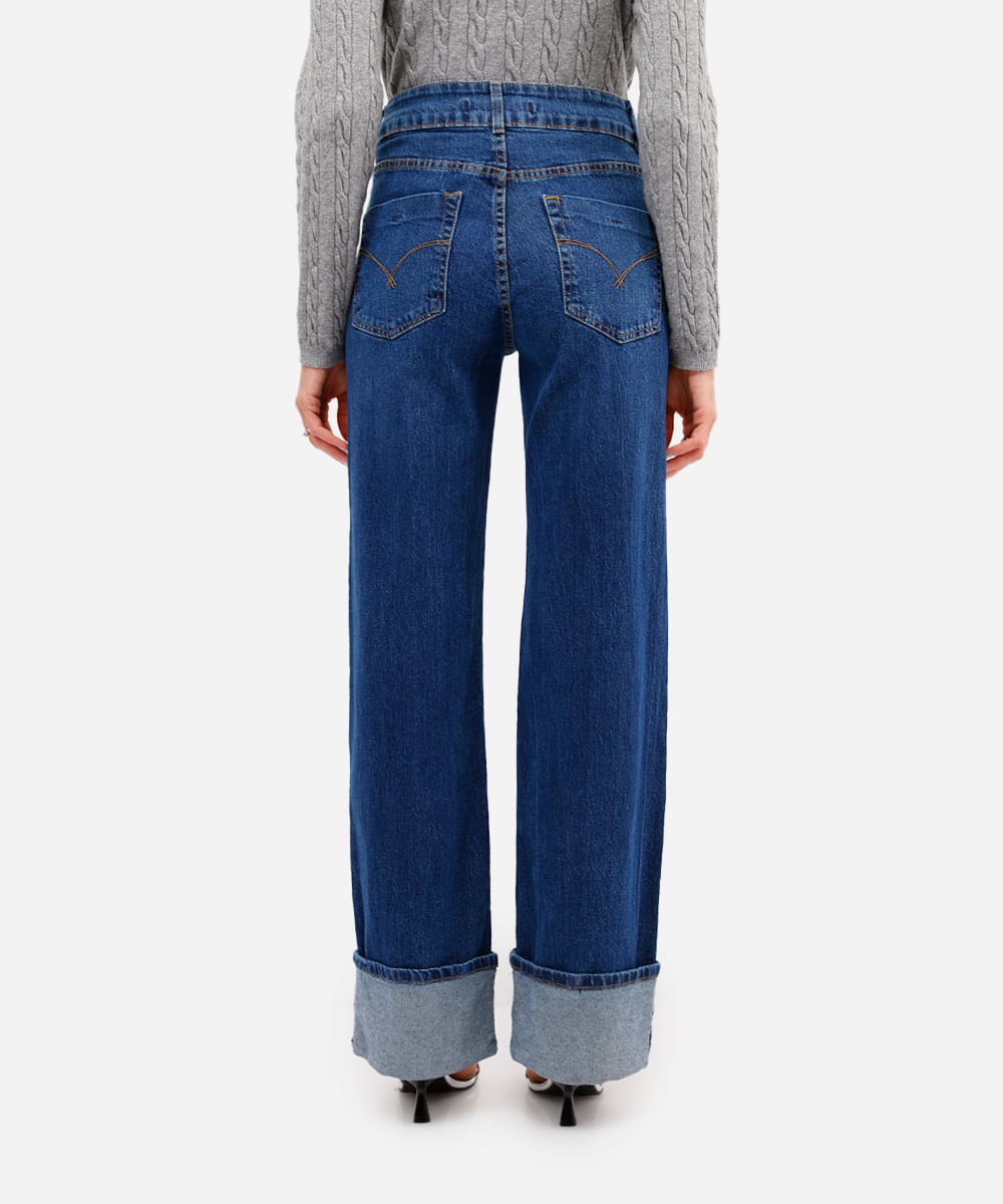 calça wide leg feminina jeans barra dobrada azul