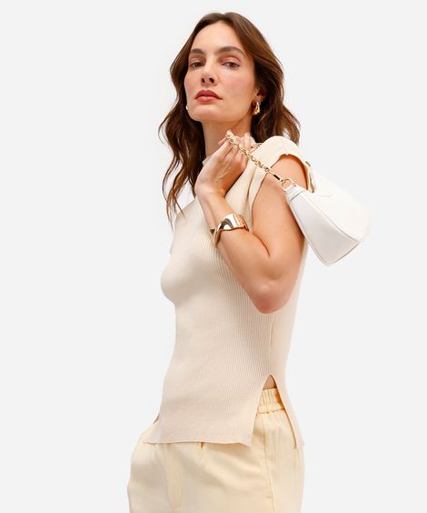 blusa feminina de tricot canelada com fendas bege