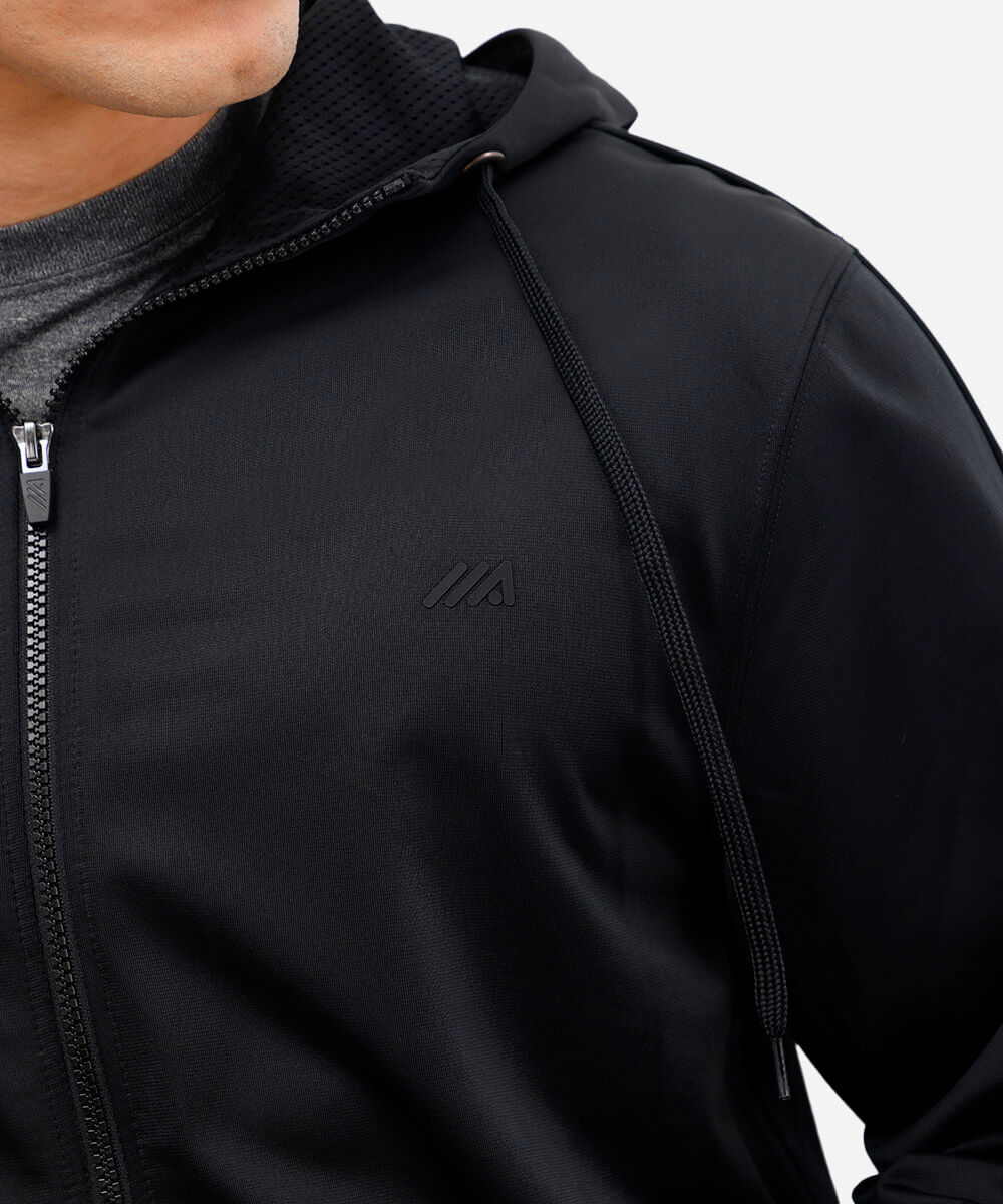 jaqueta com bolsos gola alta com capuz esportiva preta