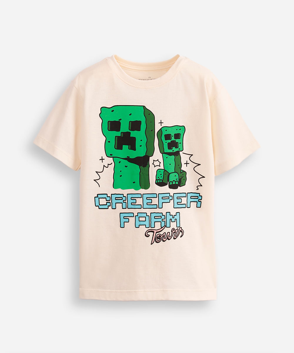 camiseta de algodão infantil creeper farm tours minecraft bege
