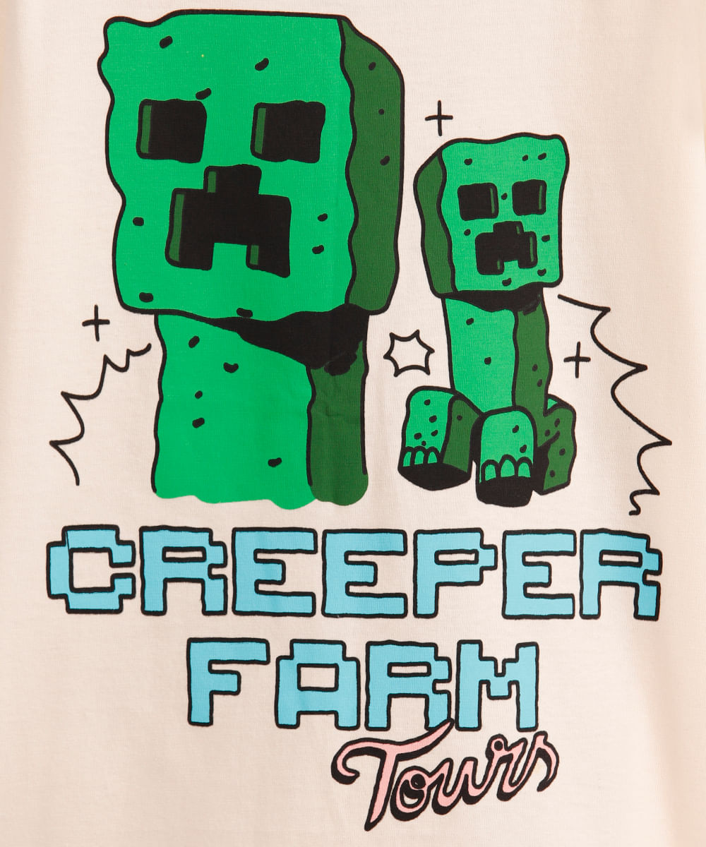 camiseta de algodão infantil creeper farm tours minecraft bege