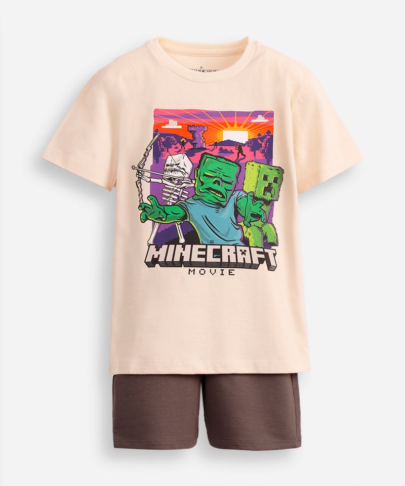 conjunto curto infantil de algodão minecraft bege