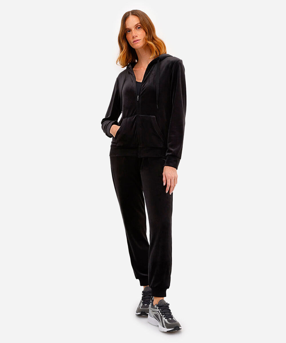 jaqueta de plush com capuz esportiva ace preta