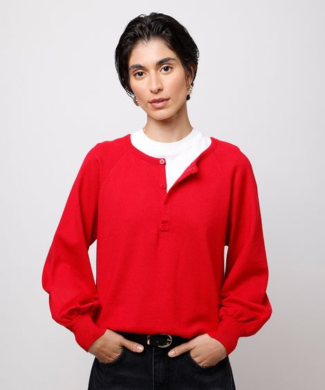suéter feminino de tricot manga bufante mindset vermelho
