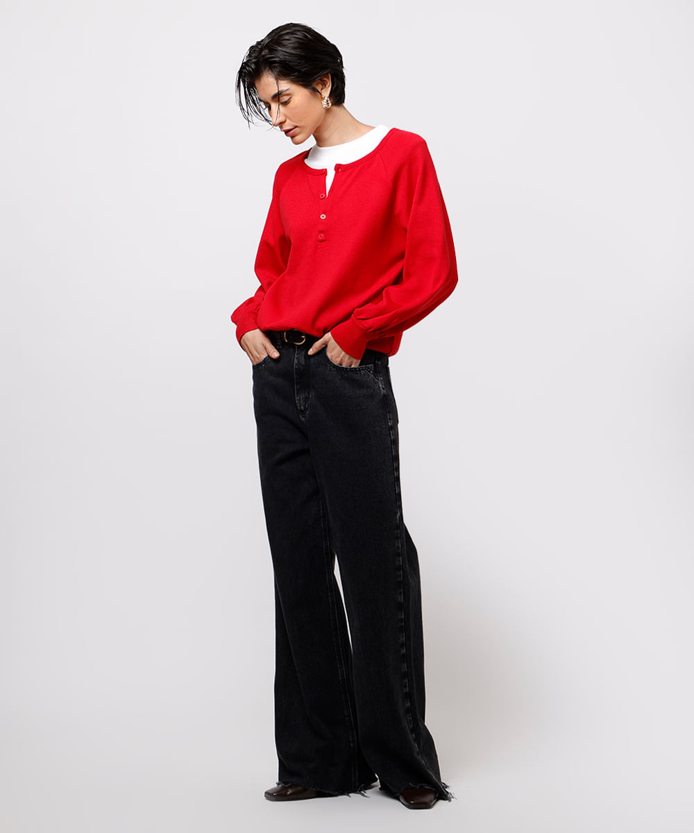 suéter feminino de tricot manga bufante mindset vermelho