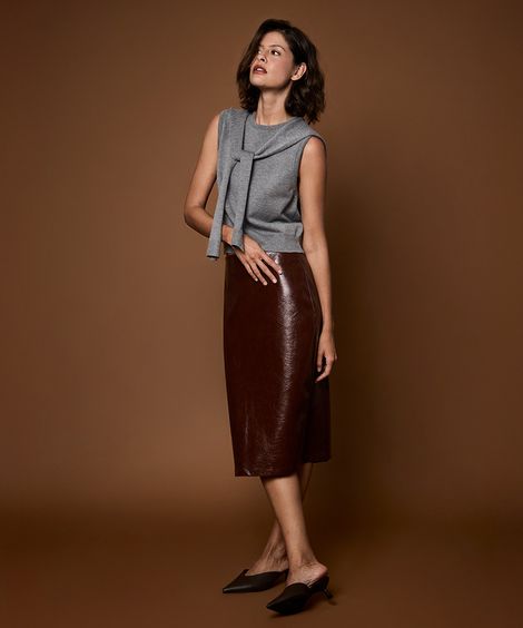 saia reta feminina de poliuretano mindset marrom