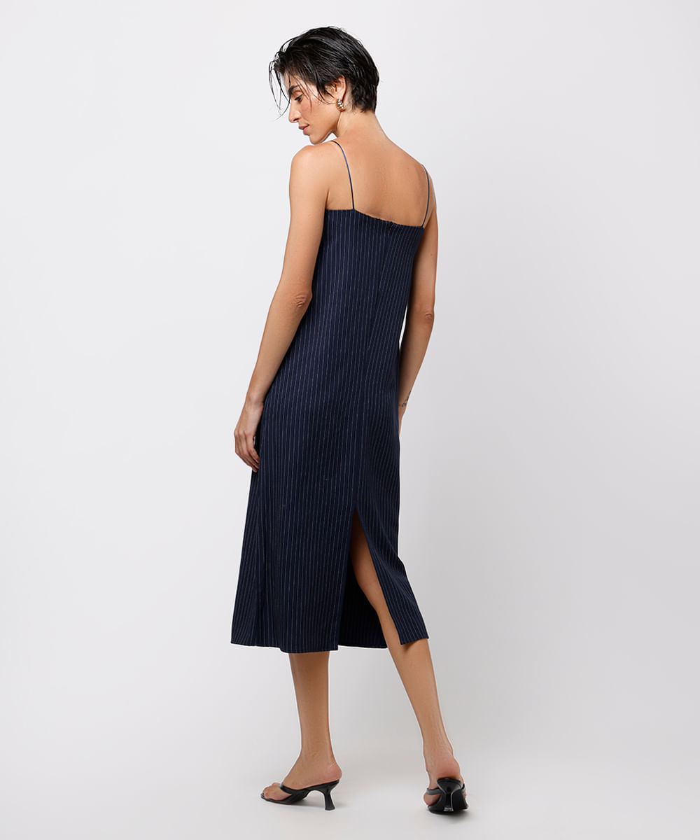 vestido midi feminino alça fina listrado mindset azul