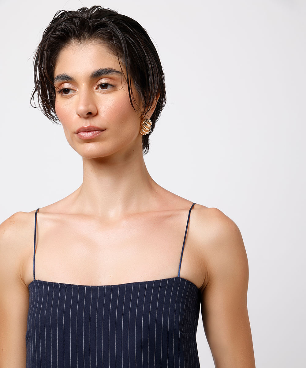 vestido midi feminino alça fina listrado mindset azul
