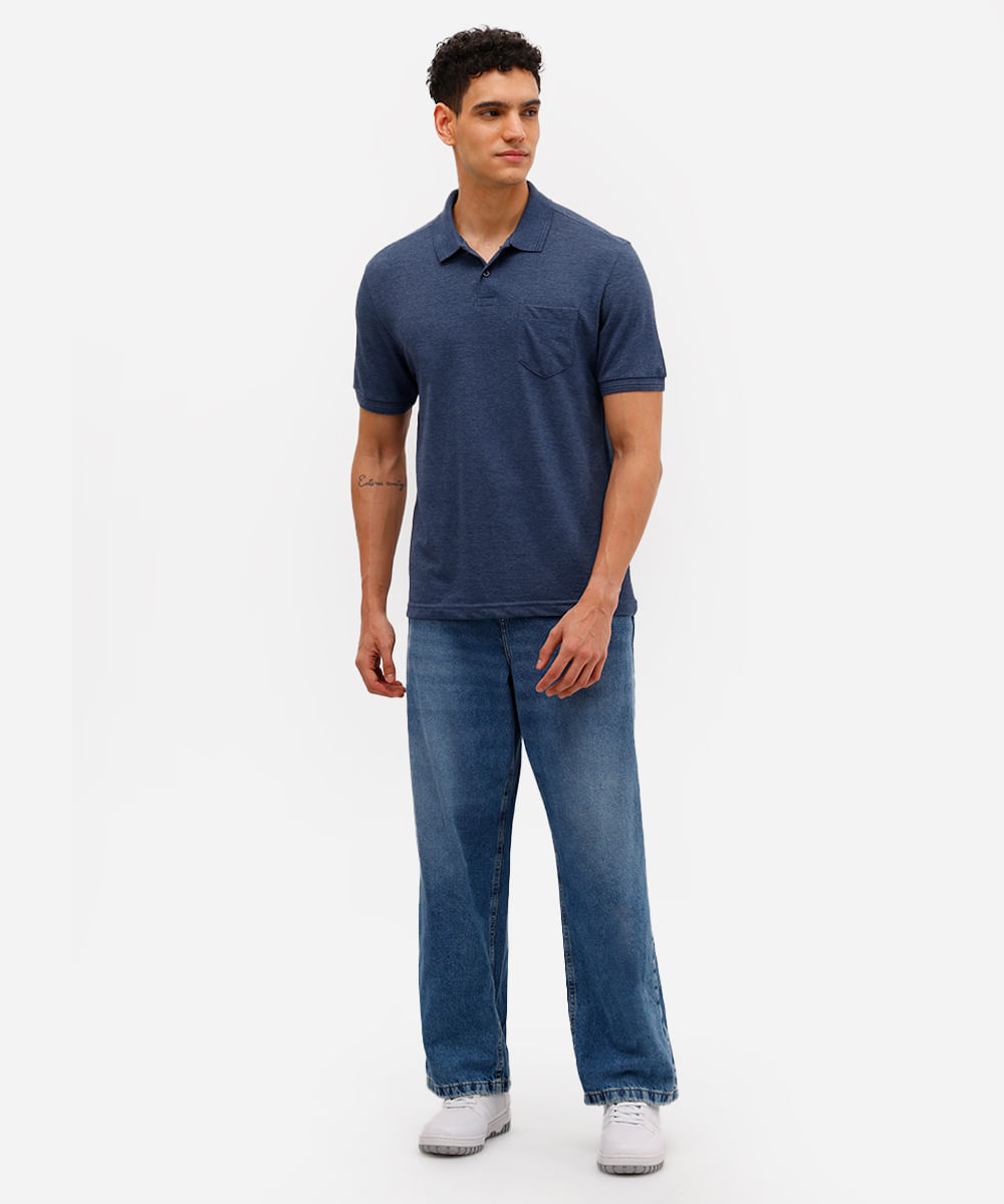 polo básica tradicional piquet com bolso azul