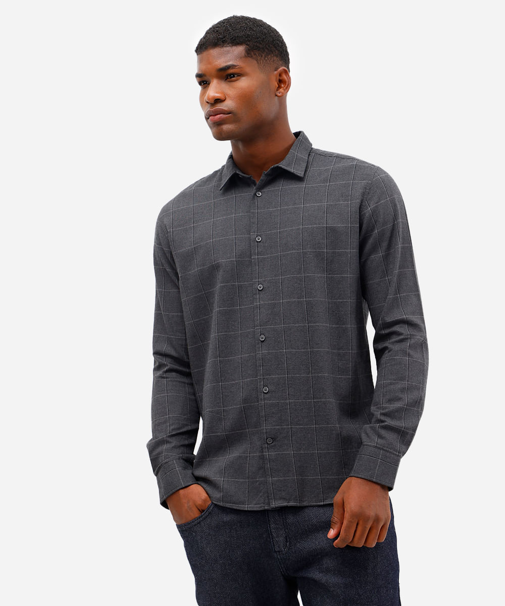 camisa comfort masculina quadriculada cinza