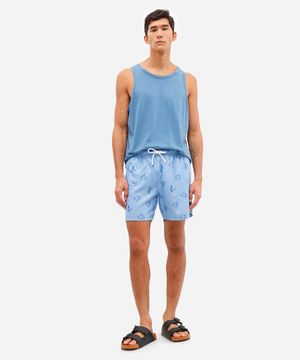 short masculino cós elástico estampado azul