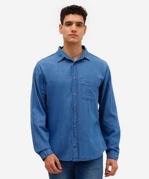 camisa jeans masculina manga longa com bolso azul