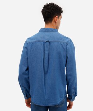 camisa jeans masculina manga longa com bolso azul