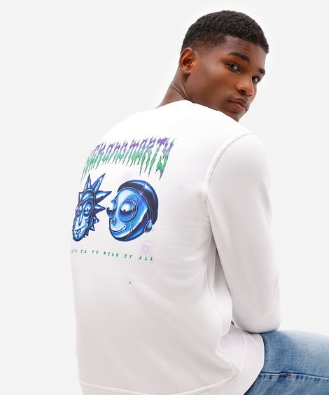 blusão masculino de moletom manga longa rick and morty off white