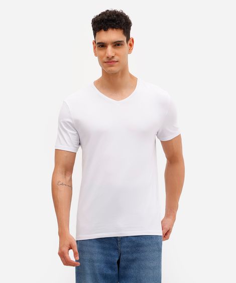 camiseta de algodão manga curta gola V slim branco