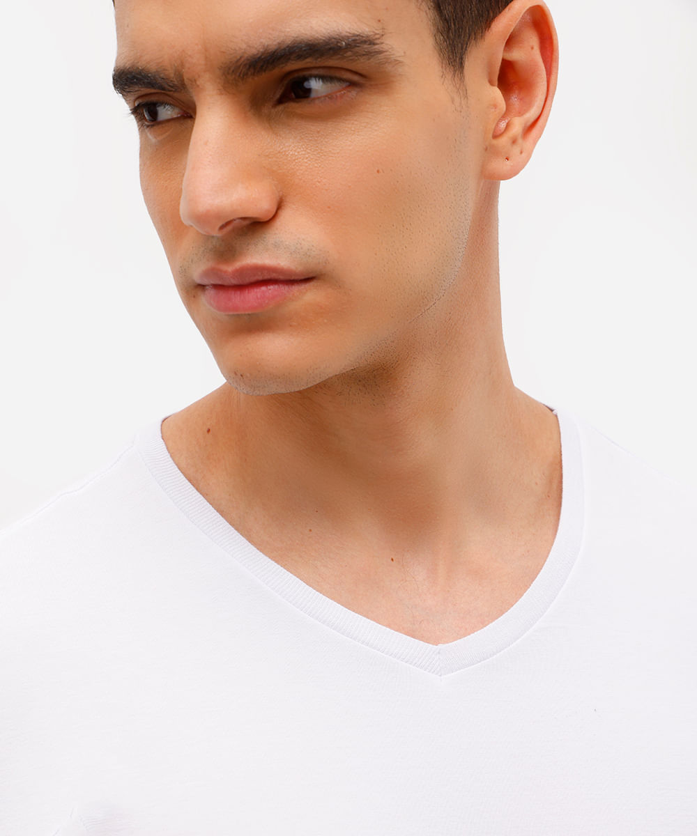 camiseta de algodão manga curta gola V slim branco