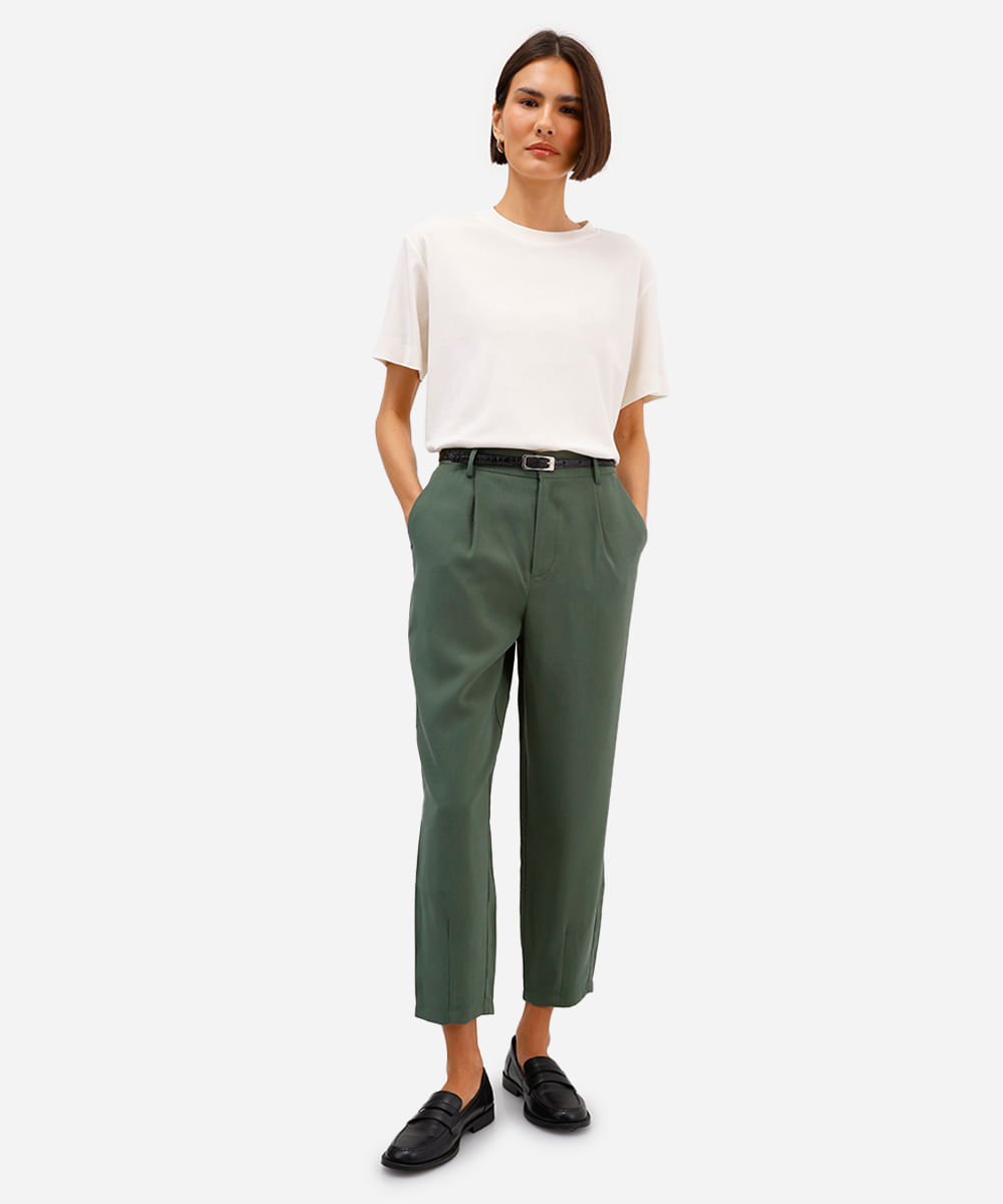 calça alfaiataria de viscose com pregas cintura alta - verde