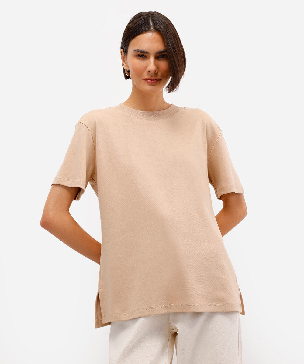 camiseta de algodão peruano manga curta bege