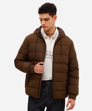 jaqueta puffer masculina com capuz marrom