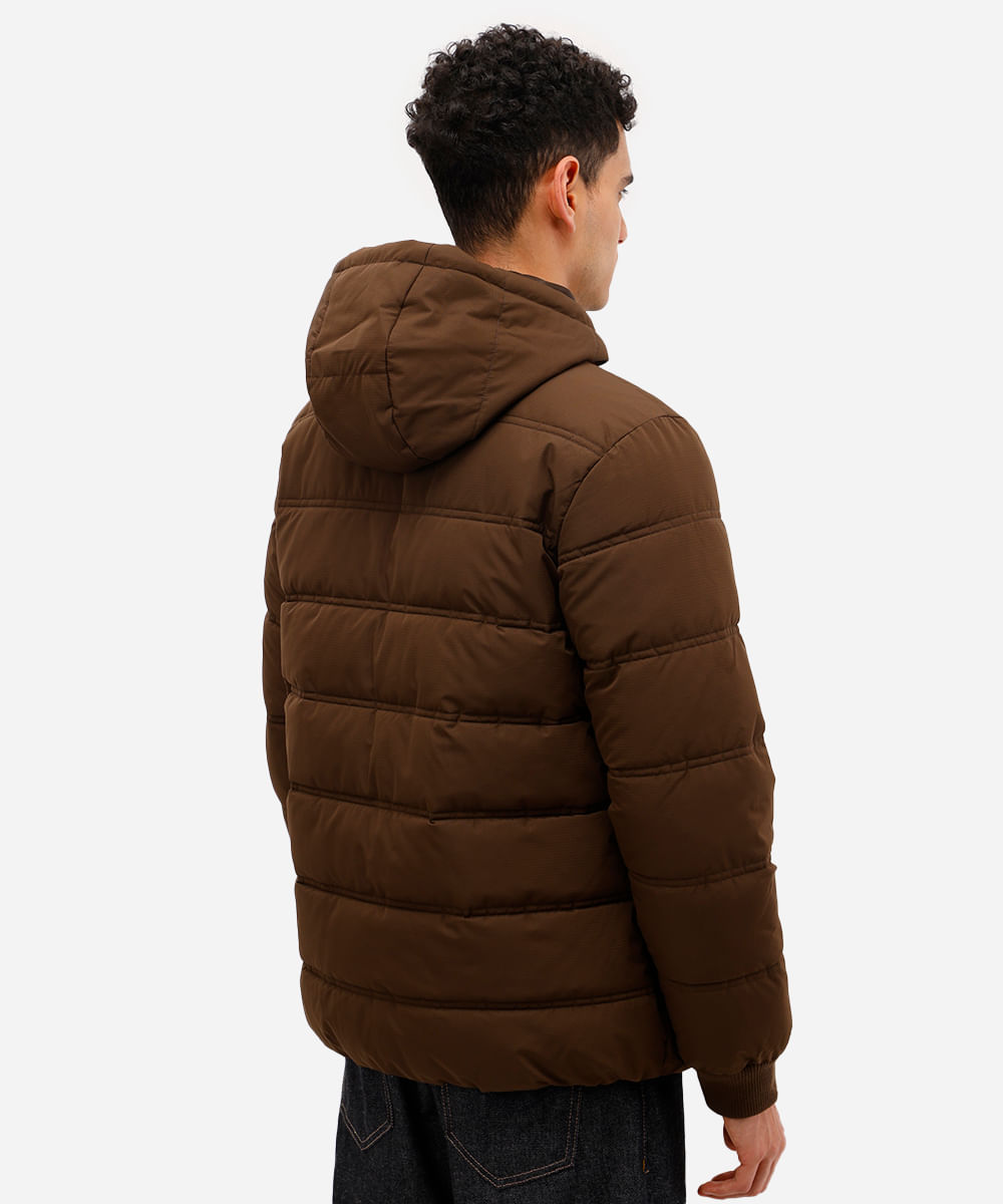 jaqueta puffer masculina com capuz marrom