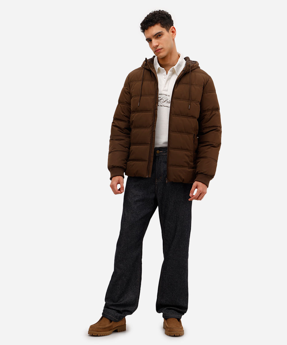 jaqueta puffer masculina com capuz marrom