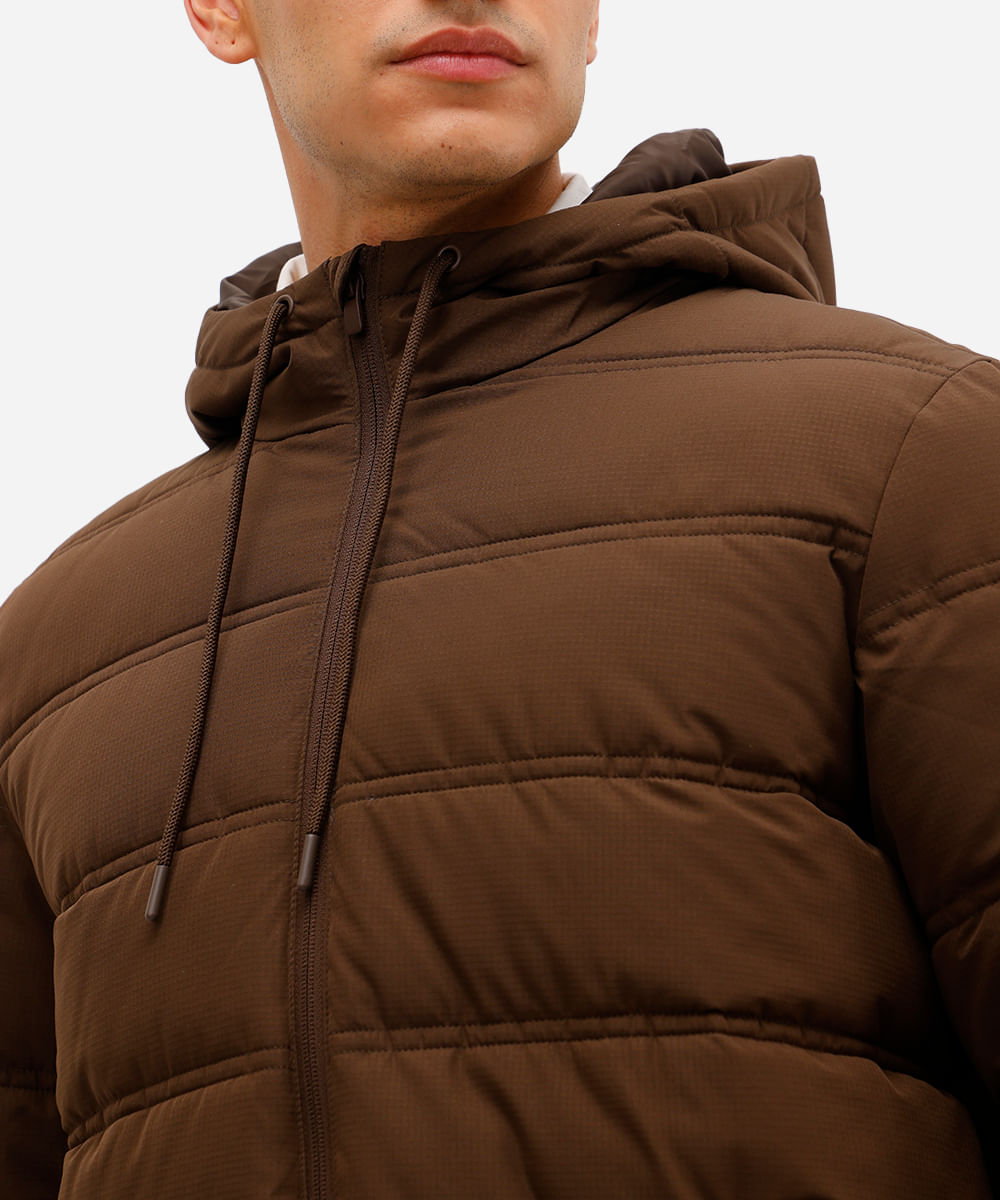 jaqueta puffer masculina com capuz marrom
