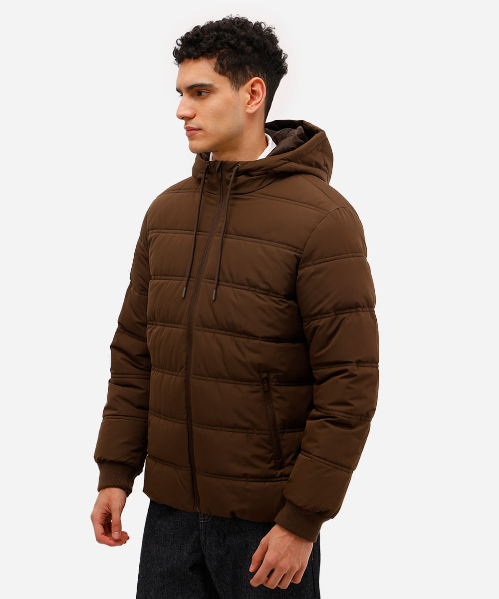 jaqueta puffer masculina com capuz marrom