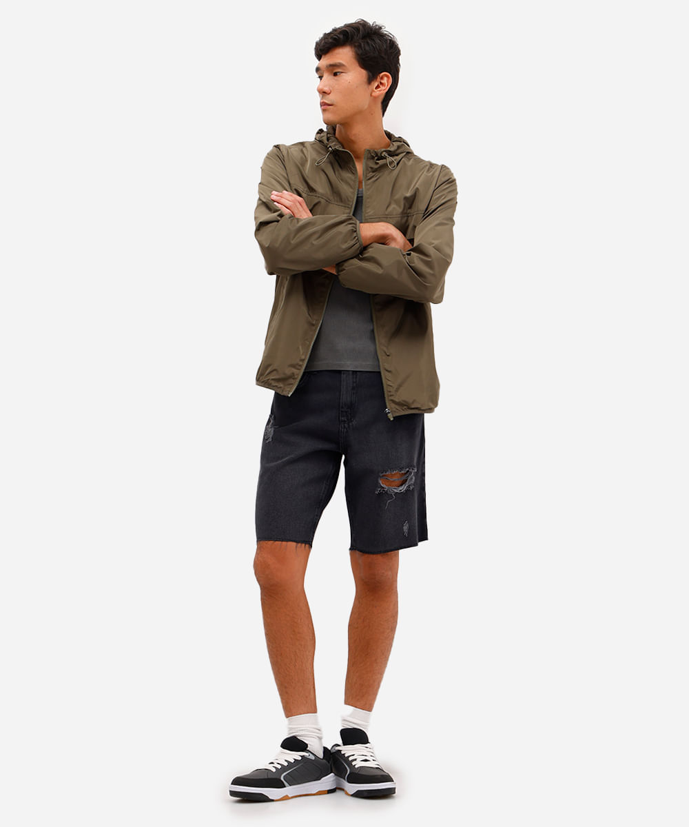 bermuda slim masculina jeans destroyed preta